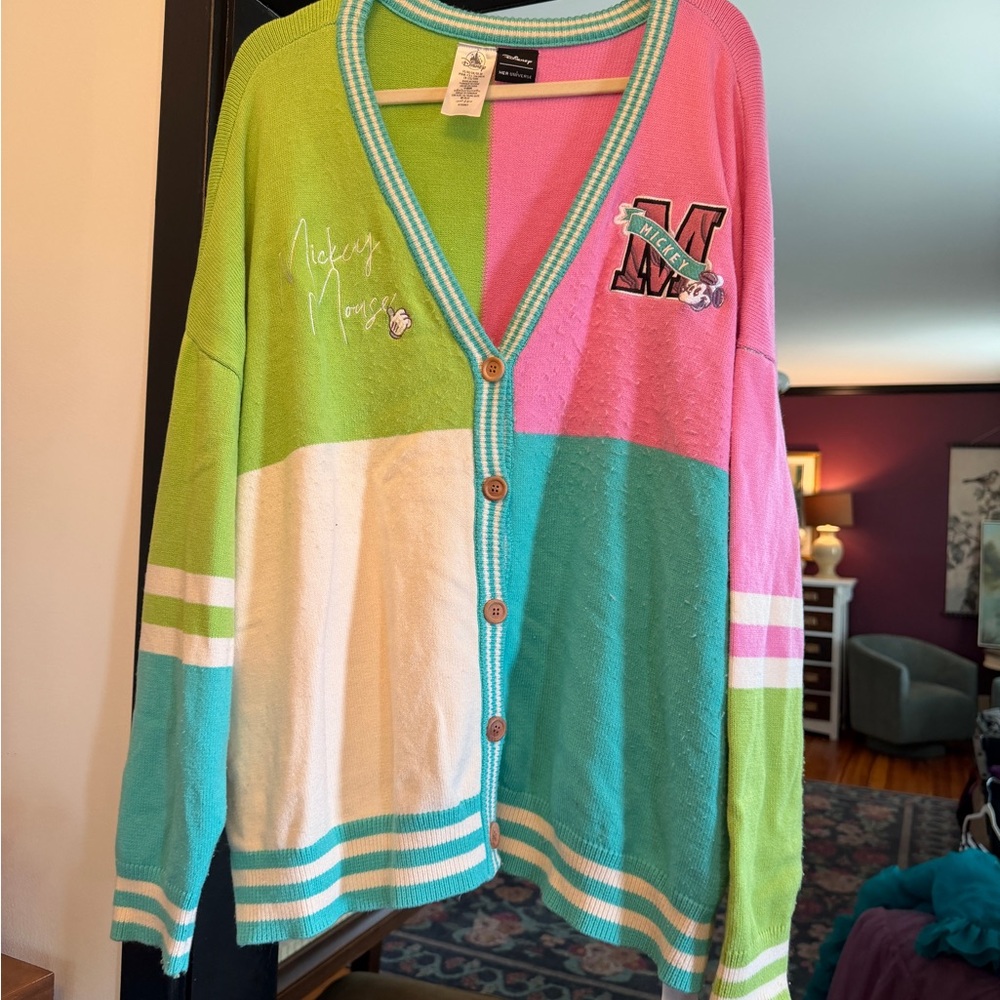 Disney Colorblock V‑Neck Button Cardigan - Pink, Green, Teal, White
